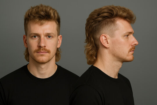 Studio Portrait of Male Model with Voluminous Blonde Mullet Cut