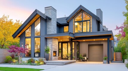Fototapeta premium Contemporary Home with Architectural Shingles, showcasing durable design and striking curb appeal, featuring spacious interiors and a harmonious blend of style and functionality.