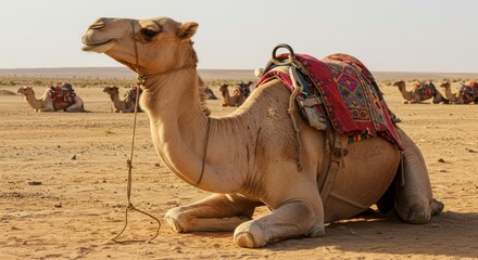 Majestic camel rests in desert sun vibrant colors serene beauty