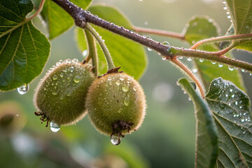 Obraz premium Close up details of kiwi with waterdrops, early morning view of the fields