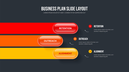 Consulting Portfolio Presentation Layout Vector Illustration. Visual Campaign Three Option Diagram Slide Template. Professional Briefing 3 Step Infographic Frame Design.