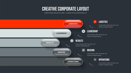 Fototapeta premium Consulting Profile Frame Template Vector Illustration. Business Review Five Element Diagram Slide Layout. Corporate Portfolio 5 Step Infographic Slideshow Design.