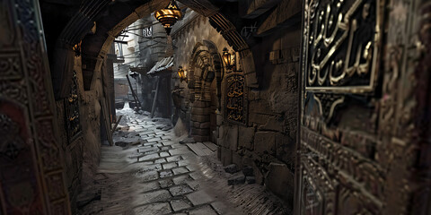 Obraz premium Narrow cobblestone alleyway with stone walls intricate carvings and lanterns