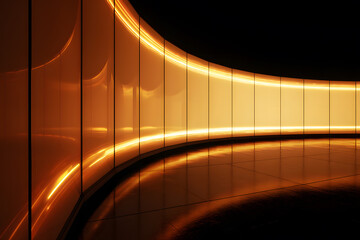 Obraz premium Warm golden glow illuminates a modern curved wall design in a dimly lit interior space