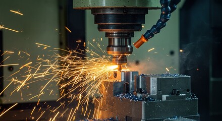 Precision engineering: A close-up view of metalworking with sparks flying