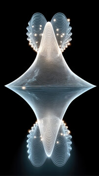 Glowing symmetrical quantum wave function model with light particles rendered against a dark background.