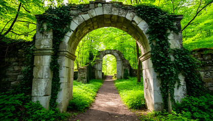 Fototapeta premium Ancient Stone Archways and Forest Path through Lush Green Ruins