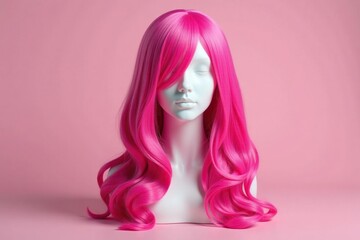 Vibrant, styled synthetic cosplay wig in bright pink, ready to wear , cosplay prop, bright