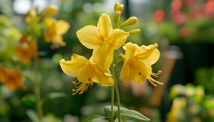 Obraz premium Close-up of vibrant yellow flowers in a garden setting.