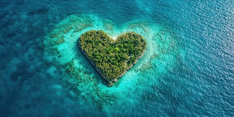 A heart-shaped island surrounded by vibrant coral reefs.