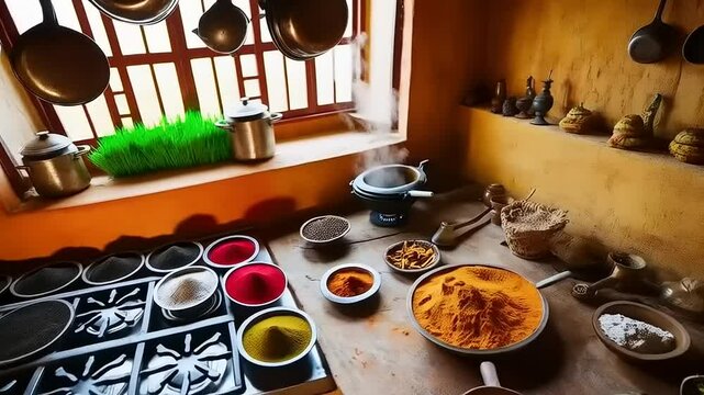 Rustic Charm: A Detailed Exploration of a Kitchen Space Filled with Spices and Utensils