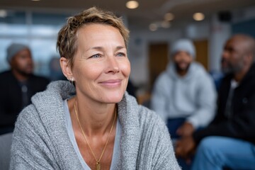 A smiling woman with short hair and a cozy sweater sits in a social setting, radiating warmth while friends engage in conversation in the background, adding to the friendly atmosphere.