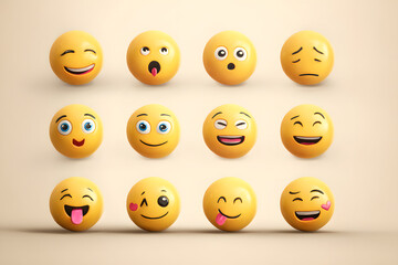 Naklejka premium Collection of cheerful and expressive smiley faces arranged in a grid format showcasing various emotions