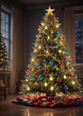 Dazzling Christmas tree, colorful ornaments, twinkling lights, glowing scene ,  backdrop,  magical,  fairy lights