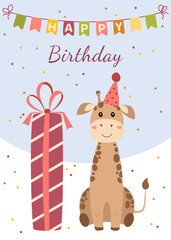 Birthday greeting card with cute giraffe, gift and confetti. Vector illustration for greeting card, poster, holiday decoration.