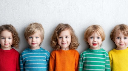 Group of smiling children in colorful sweaters standing against white wall background.