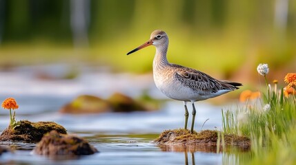 Ruff bird standing on small island in pond with flowers