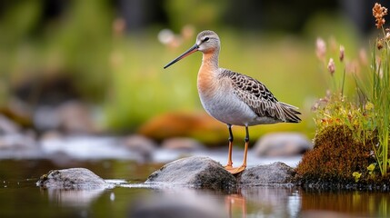 Obraz premium Ruff standing on rock in river, colorful plumage, blurred background