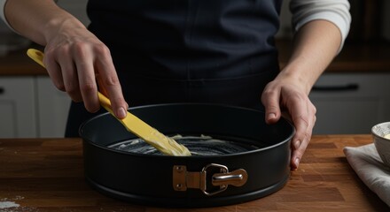 Obraz premium Close-up hands greasing baking pan, Baking preparation, Butter texture, Kitchen task, Human hands baking, Cake pan detail
