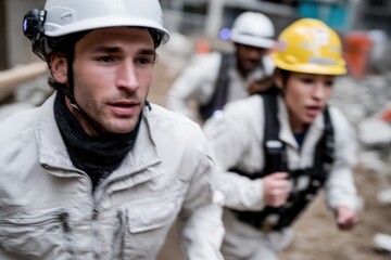 An emergency response team swiftly mobilizes at a construction site to respond to a critical incident, demonstrating urgency and commitment to safety and teamwork.