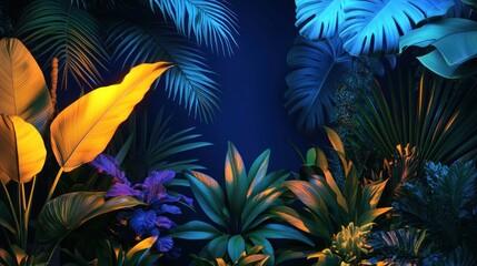 Vibrant, neon-lit tropical foliage fills the frame, creating a lush, nighttime jungle scene