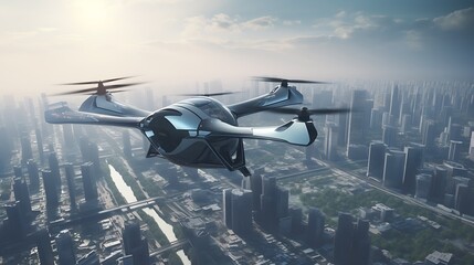 Drone flying over futuristic city.