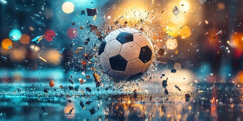 Fototapeta premium A soccer ball bursts through wet pavement, scattering debris with colorful city lights in the background.