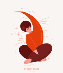 Illustration of body positive woman doing stretching. Stylized flat graphic style for your design. Color print on light background
