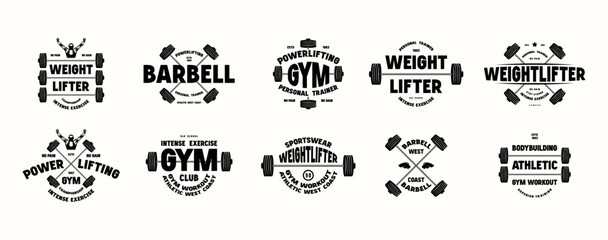Set of emblems on gym, workout, bodybuilding, powerlifting theme. Graphic design for t-shirt. Black print on white background