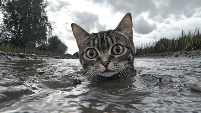 A tabby cat with wide eyes emerges from muddy water, looking surprised