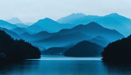 Misty blue mountain lake landscape