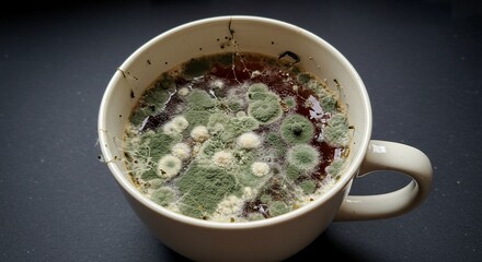Unpleasant sight of mold growth in a forgotten coffee mug, neglected for too long