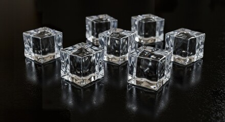Crystal ice cubes arranged on reflective dark surface representing coolness