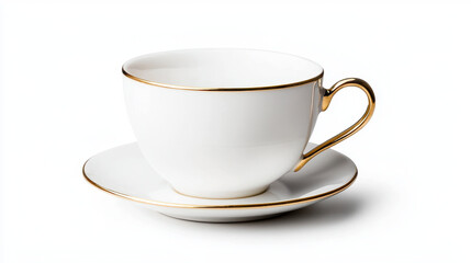 Fototapeta premium Elegant white porcelain cup with gold rim and matching saucer, perfect for tea or coffee