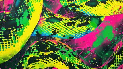 Abstract artistic neon snake skin texture with fluorescent yellow and green on bright pink background