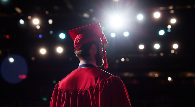 Graduado com beca e capelo vermelhos fica de frente para o palco, iluminado por luzes brilhantes durante uma cerim&ocirc;nia de formatura