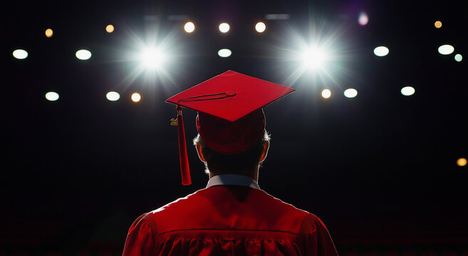 Graduado com beca e capelo vermelhos fica de frente para o palco, iluminado por luzes brilhantes durante uma cerim&ocirc;nia de formatura