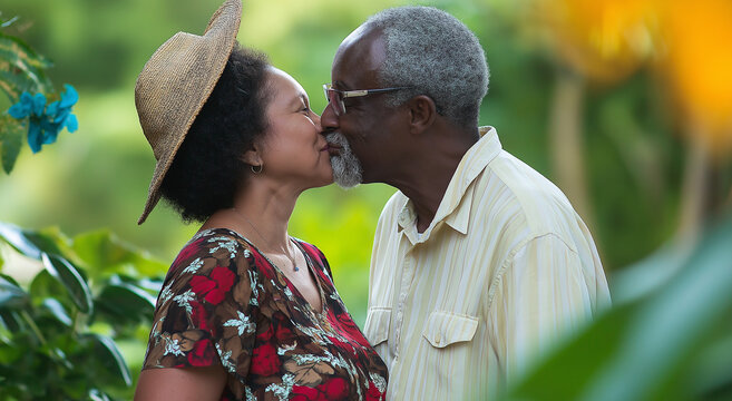 Casal interracial s&ecirc;nior feliz se beijando em um jardim ensolarado, desfrutando de amor e companhia durante a aposentadoria