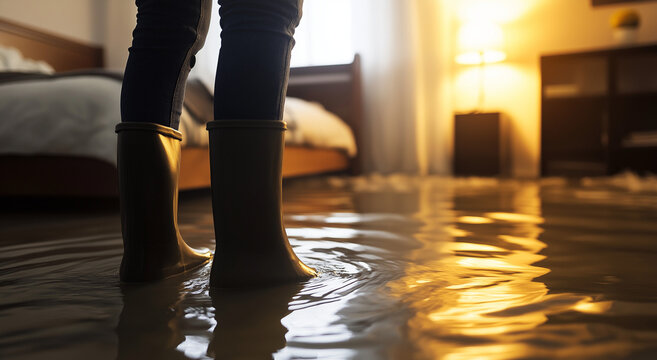pessoa usando botas de borracha em quarto inundado, inunda&ccedil;&atilde;o residencial e conceito de danos causados ​​pela &aacute;gua
