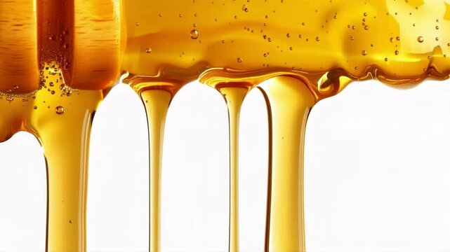 Golden honey drips on a white surface, looking fresh with bubbles and texture. Vibrant color contrast makes it visually appealing.
