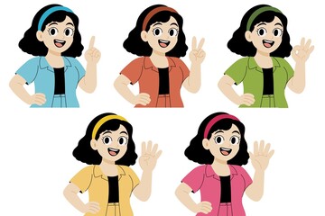 A woman making a gesture expressing the numbers 1,2,3,4,5 with her fingers. Counting concept figures vector illustration on white background.
