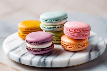 Fototapeta premium Close-up of colorful macarons on marble plate