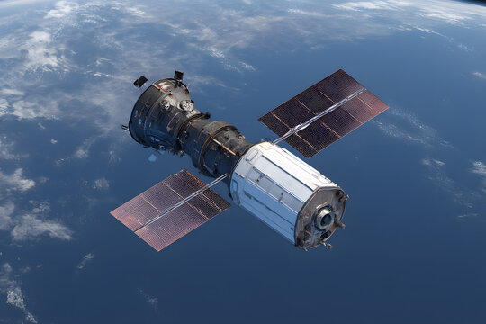 Satellite in low earth orbit showcasing solar panels and advanced technology above planet earth
