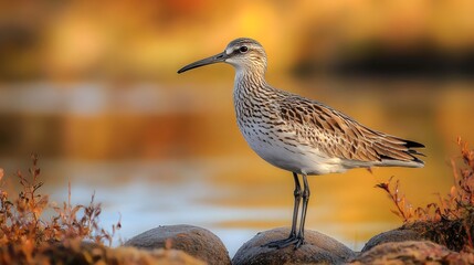 Obraz premium Red knot standing on rocks by the water at sunset