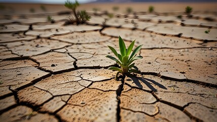 A dry, cracked desert floor with a single green plant sprouting 