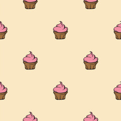 Cake with pink cream. Sweets and baked goods. Seamless pattern for wrapping paper, background, textile. Vector illustration for print, sticker, icon.