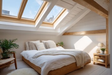 Fototapeta premium Interior of cozy attic bedroom with skylight 