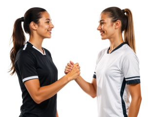 Two female players with different team jersey colors shaking hands showing sportsmanship