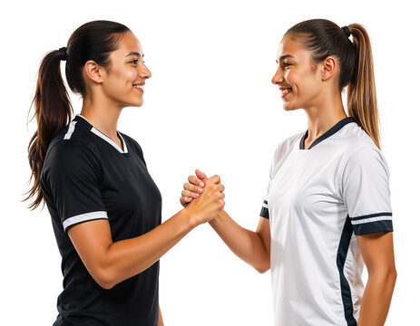 Two female players with different team jersey colors shaking hands showing sportsmanship