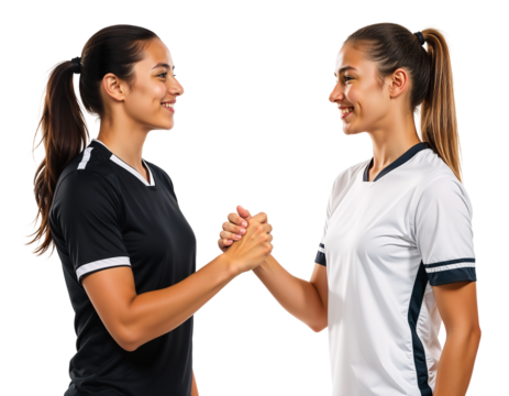 Two female players with different team jersey colors shaking hands showing sportsmanship - Powered by Adobe